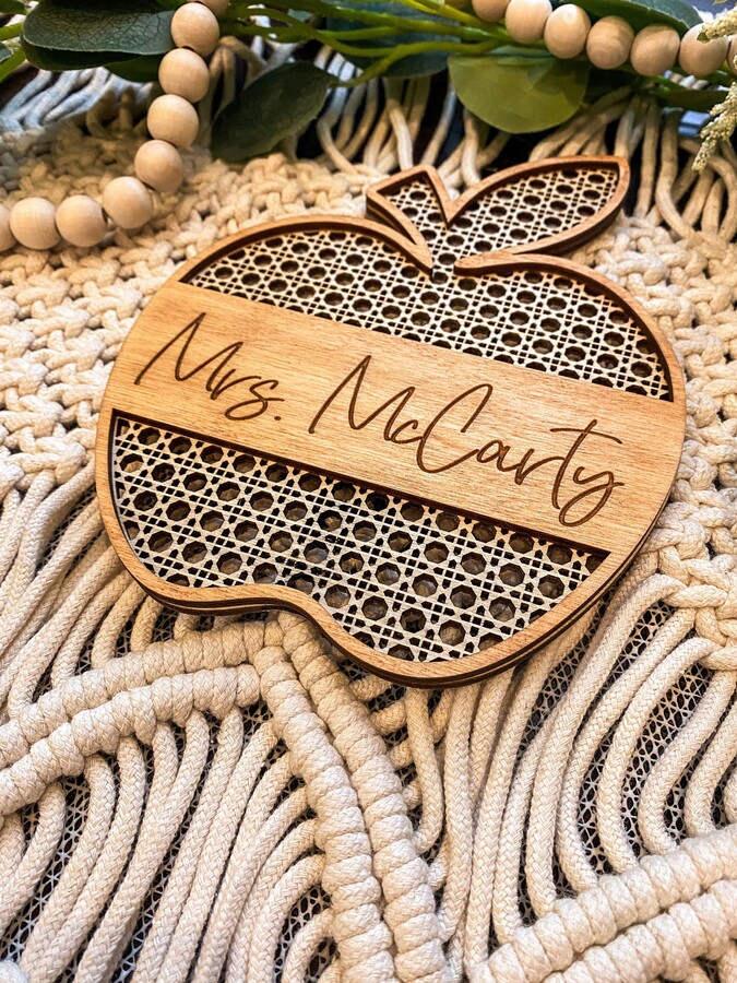 Personalized Teacher Rattan Apple Desk Plaque | Door Hanger Boho Decor New Gift Wooden
