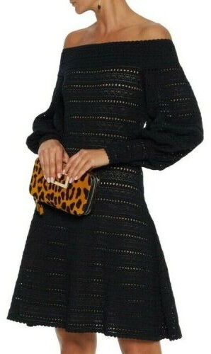 $2790 New Oscar De La Renta Off The Shoulder Knit Dress Black Full Sleeve 0 2