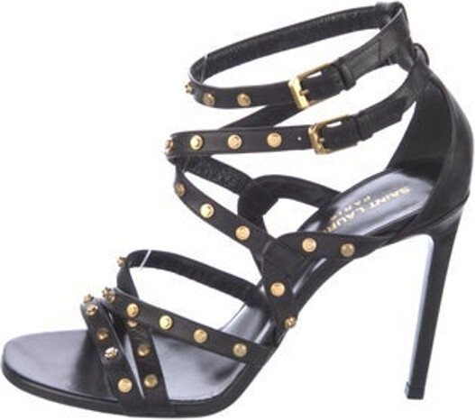 Saint Laurent Leather Sandals Black & Blue Studded Accents Multistrap & Buckle Closure at Ankles