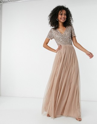 Maya Tall Bridesmaid v neck maxi tulle dress with tonal delicate sequins in taupe blush