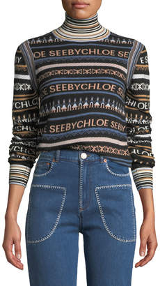 See by Chloe Striped Logo Turtleneck Pullover Sweater