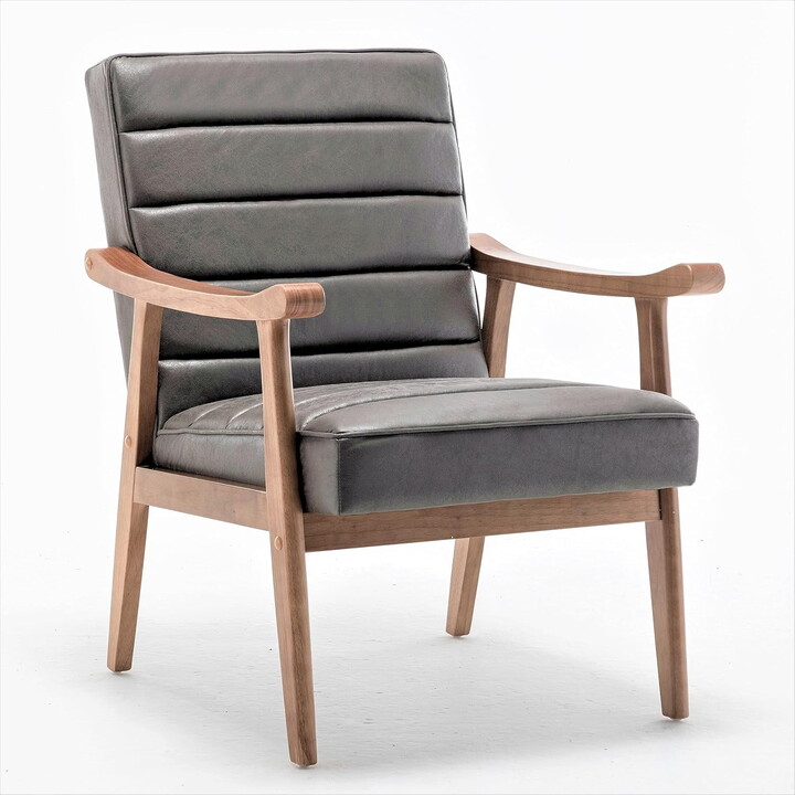 US Pride Furniture Unique Mid Century Modern Accent Chair with Open-Framed Armchair Design Plush Foam Leather-Look Microfiber Seat and Back Cushions Grey