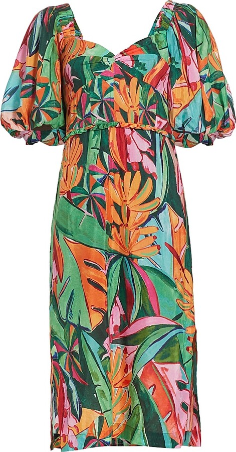 Women's Banana Foliage Puff-Sleeve Cotton Voile Midi-Dress - Size XXS