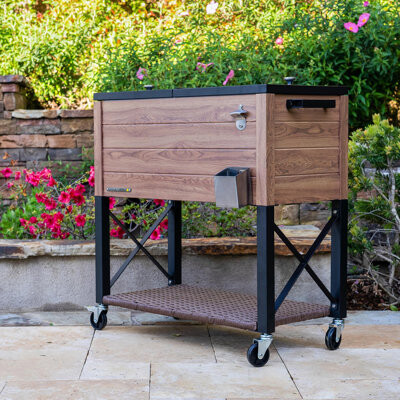 Permasteel 80-Qt Outdoor Rolling Patio Cooler on Wheels Woodgrain Style
