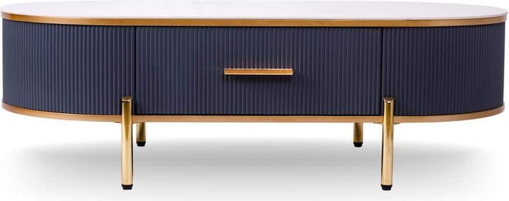 New Spec Inc Modern 47 in. Charcoal Gray Oval Stone Top Coffee Table with Storage