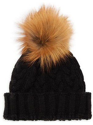 Adrienne Landau Fox Fur Pom Pom Cable-Knit Hat