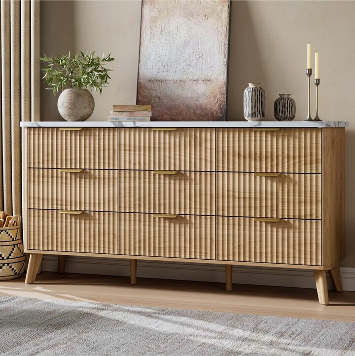 gaomon Fluted Dresser for Bedroom, 9 Deep Drawer Modern Wood Storage Chest, Beige
