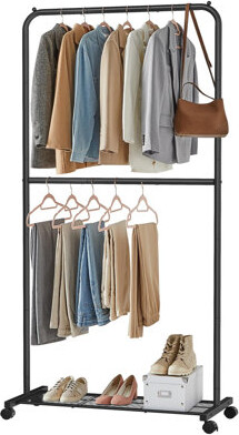 Rebrilliant Clothes Rack With Wheels And Double-Rod 25.4Mm Metal Garment Rack With Dense Mesh Storage Shelf2 Brakes(Black)