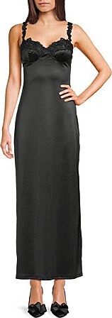 B. Darlin Satin Embroidered Lace Trim Sweetheart Neck Midi Dress