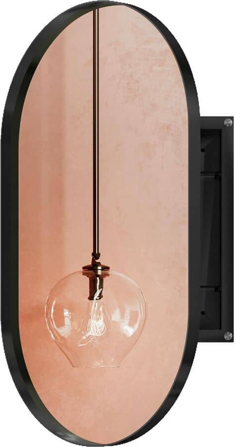 TOOLKISS 20 in. W x 34 in. H Oval Aluminum Medicine Cabinet with Mirror in Matte Black