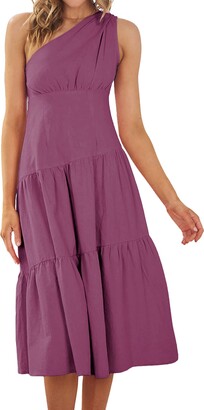 Kirundo Women's 2023 Summer Dresses One Shoulder Midi Dress Sleeveless  Solid Color Ruffle Flowy Swing Tiered Casual Dress(Pink - ShopStyle