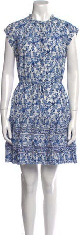 Rebecca Taylor Silk A-Line Dress Blue & White Floral Print Pleated & Ruffle Accents Short Sleeve with Crew Neck Button Closure at Front Designer