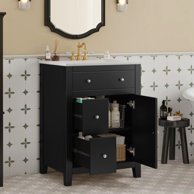 Ophelia & Co. 24-inch Bathroom Vanity With Ceramic Basin, French Country Design, Drawers, Adjustable Shelf For Shampoo Bottles Hinges, Interior