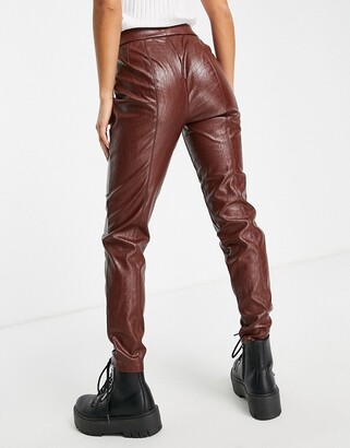 Pieces Petite high waisted faux leather trousers in brown - ShopStyle