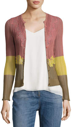 Valentino Lace-Inset Ribbed Cardigan, Dusty Rose/Yellow/Green