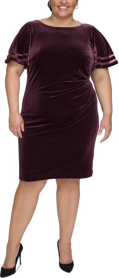 Plus Womens Velvet Pleated Midi Dress