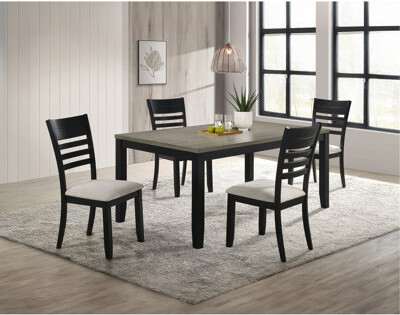 August Grove Contemporary 5Pc Dining Set Rectangular Table Two- Tone Finish Wood Base Ladder Back Upholstery Chairs Black Gray Finish Wooden Dining Room Furniture