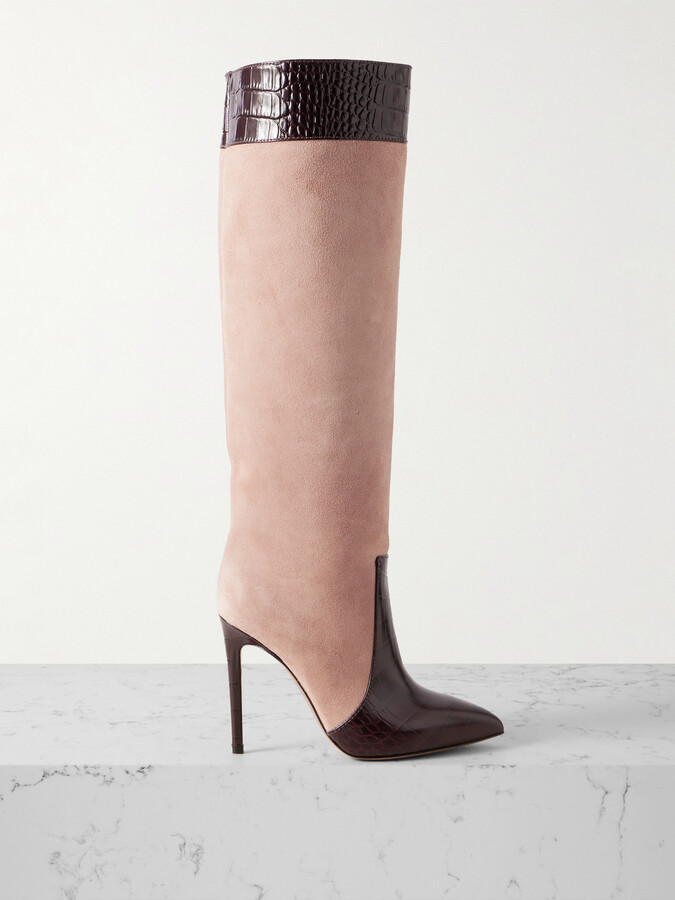 Paris Texas Croc-effect Leather-trimmed Suede Knee-high Boots
