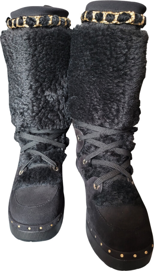 CHANEL Shearling Sheepskin High Boots 35.5 Ivory Black 1297651