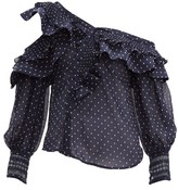 Thumbnail for your product : Self-Portrait Ruffled Off-the-shoulder Dobby Blouse - Navy