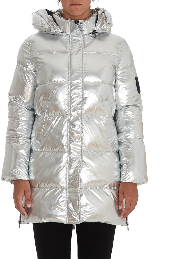 metallic silver puffer coat