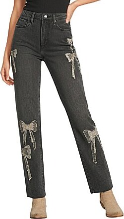 Royce What Fun Stretch Denim Patchwork 3D Bow Straight Leg Ankle Jeans