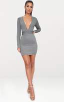 Thumbnail for your product : PrettyLittleThing Gold Ribbed Long Sleeve Plunge Bodycon Dress