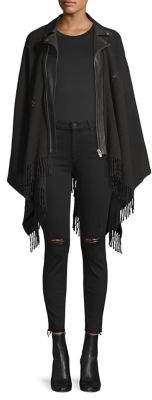 The Kooples Wool & Leather Fringed Moto Poncho