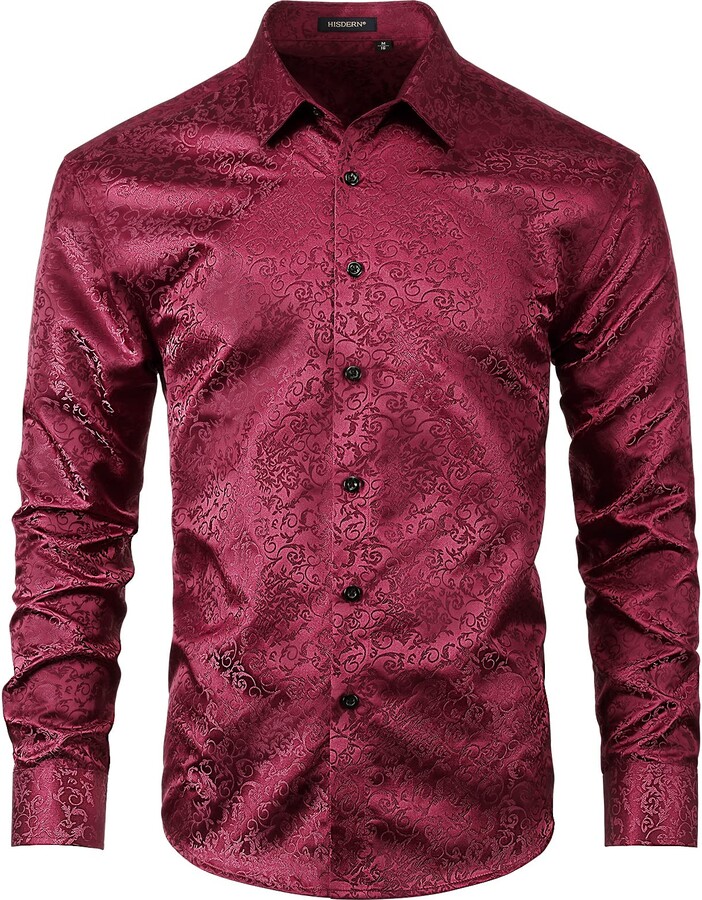 Enlision Men's Silk Shirt Burgundy Paisley Floral Satin Shirt for Men ...