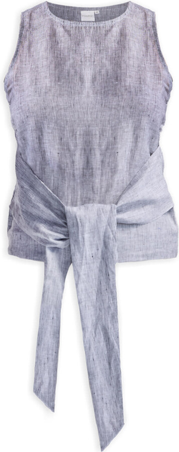 Reistor Grey Front-Tie Top In Linen Stripes