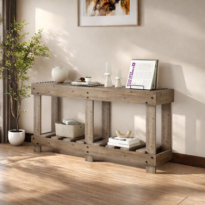 Vintage Entryway Table - Fir Solid Wood With Natural Grain, 6 Reinforced Legs & 4.5" Thick Desktop, Metal Rivet Decor & Plank Under-Shelf, Console Tab