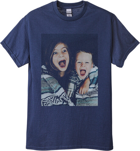 Custom Navy T-Shirts: Photo Gallery Portrait, Adult (M), Customizable Front & Back, White
