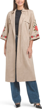 TJMAXX Long Trench Coat With Embroidery, Spandex/Polyester/Suede