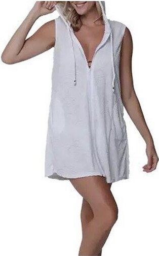 J Valdi Women's Santorini Sleeveless Full Zip Hoodie Dress Swim Cover Up Medium White