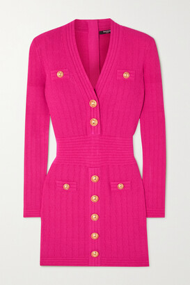 Balmain Button-embellished Ribbed Knit Mini Dress - Pink