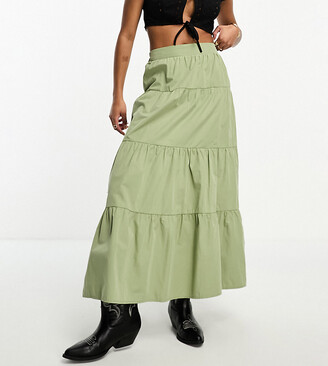Miss Selfridge Petite poplin tiered maxi skirt in khaki