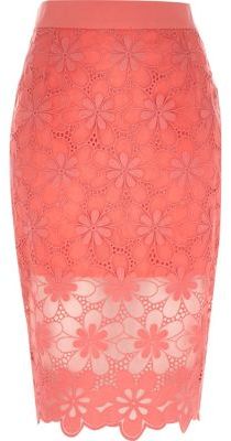 River Island Coral floral lace pencil skirt