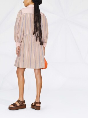 See by Chloe Striped Puff-Sleeve Cotton Shirt Dress