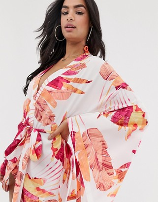 ASOS DESIGN sunray palm print exaggerated sleeve beach kimono