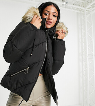 Topshop Tall padded jacket with faux fur hood in black - ShopStyle Down & Puffer  Coats
