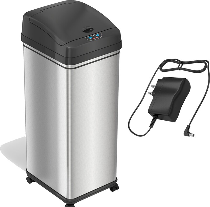 iTouchless 13 Gallon / 49 Liter Stainless Steel Sensor Kitchen Trash Can with Wheels, Ac Adapter and Odor Filter