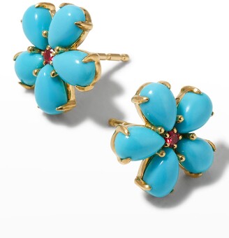 Paul Morelli Small Turquoise Petal Button Earrings with Rubies