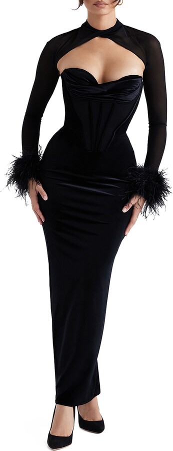 Thalia Long Sleeve Feather Trim Velvet Corset Dress with Shrug