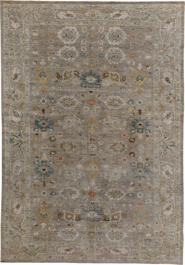 1stDibs Turkish Rug Sultanabad Style With White And Blue Botanical Details On Gray Field