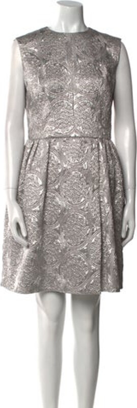 Rochas Silk Mini Dress Rochas Silk Shift Dress Grey & Metallic Printed Sleeveless with Crew Neck Concealed Zip Closure at Back Designer