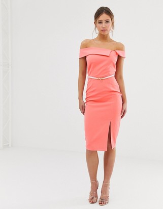 Paper Dolls cutaway neck pencil dress with belt in coral
