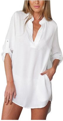 Aifer Women's Summer Loose Shirt Sexy V-Neck Long Sleeve Tunic Blouse with Pocket