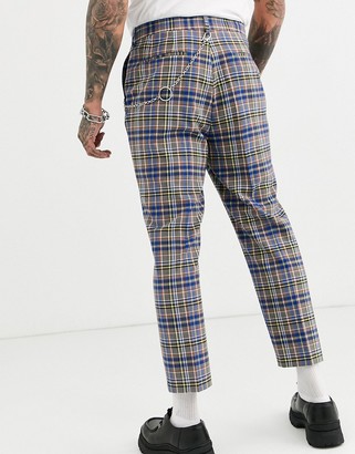 ASOS DESIGN tapered crop smart trousers in grey and blue check with metal pocket chain