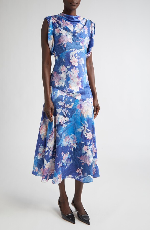 Erdem Floral Print Sleeveless Crinkled Satin Midi Dress