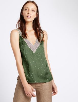 Marks and Spencer Lace Trim Floral Print V-Neck Camisole Top
